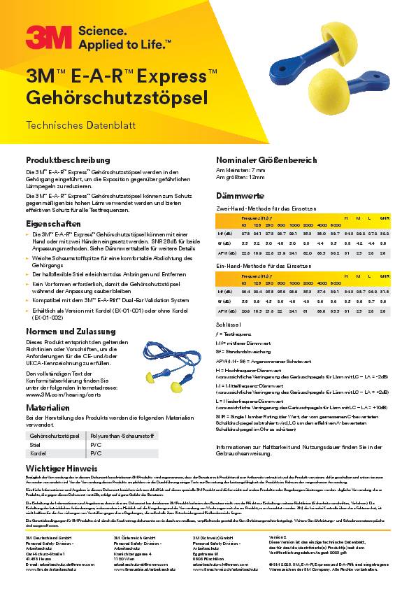Gehörschutzstöpsel E-A-R™ Express™ Corded EN 352-2 SNR 28 dB 100 PA/Krt.