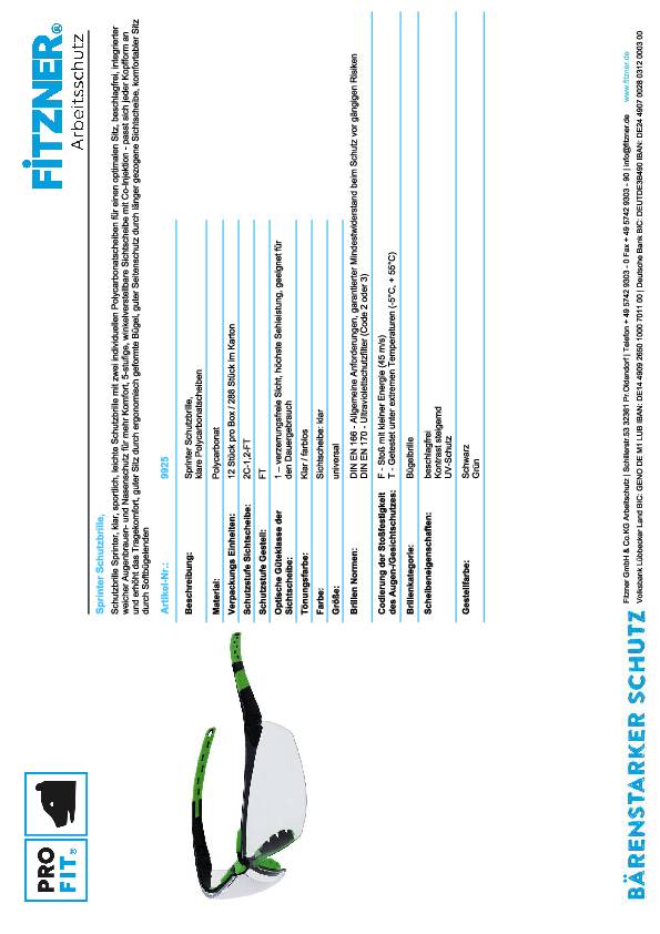 Schutzbrille Sprinter EN 166 EN 170 Bügel schwarz/grün,Scheibe klar PC PRO FIT