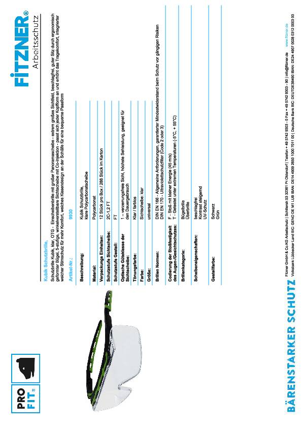 Schutzbrille Kubik EN 166 EN 170 Bügel schwarz/grün,Scheibe klar PC PRO FIT