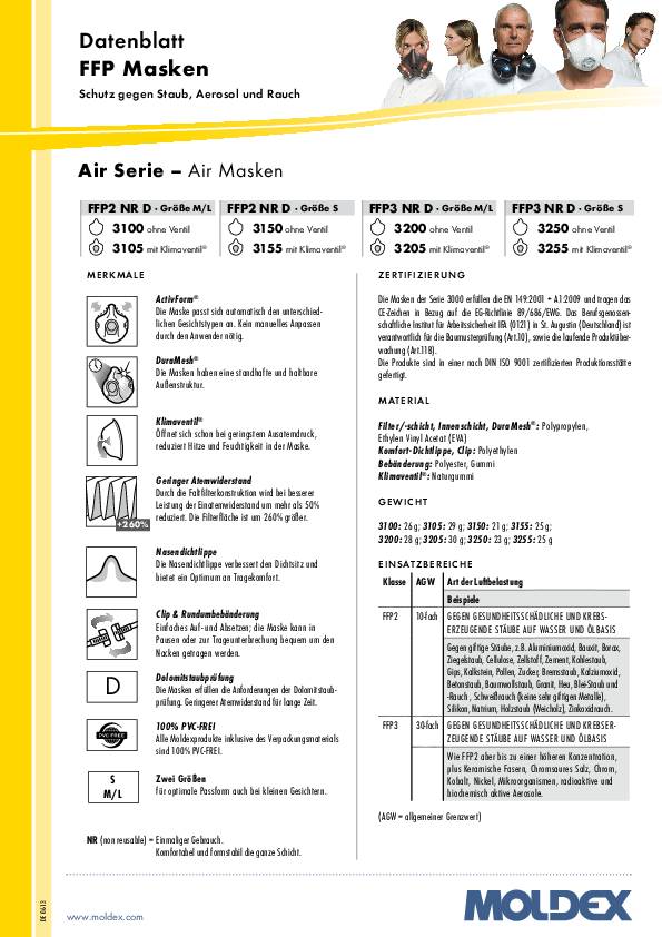 Atemschutzmaske AIR 320501 FFP3 NR D m.Ausatemventil faltbar M/L 10St./KT MOLDEX