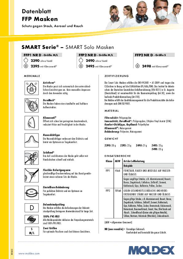 Atemschutzmaske Smart Solo® 249501 FFP2/V NR D m.Ausatemventil 20St./KT MOLDEX