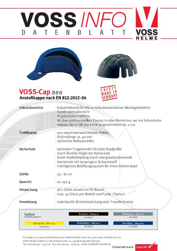 Anstoßkappe VOSS-Cap neo 53-61cm neongelb EN812:2012-04 VOSS