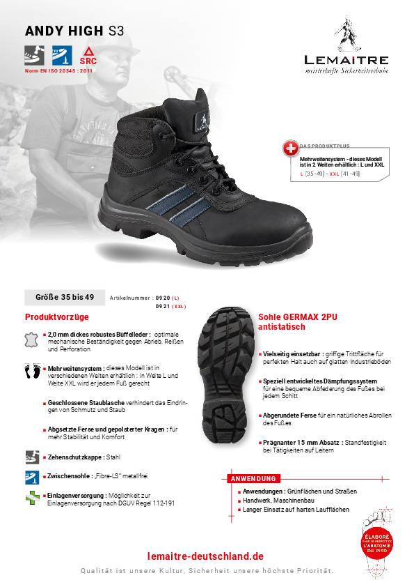 Sicherheitsstiefel Andy High Gr.46 schwarz/blau S3 SRC EN20345 Leder LEMAITRE