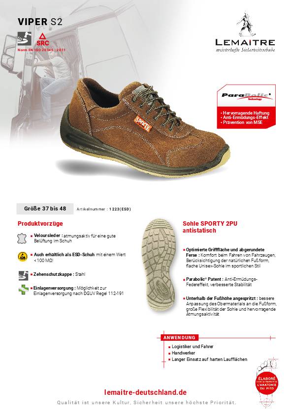Sicherheitsschuh Viper Gr.44 braun S2 SRC EN20345 Leder LEMAITRE