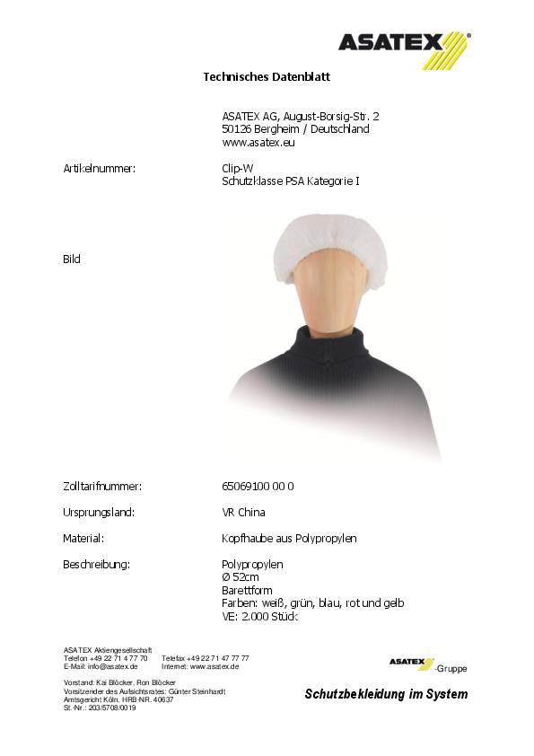 Kopfhaube Clip D.52cm weiß PSA I ASATEX