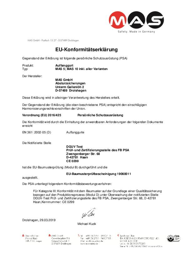 Auffanggurt MAS10 EN361 1-Punkt f.Gr.1 (48-56) MAS