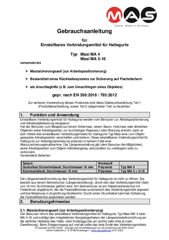Verbindungsmittel MASI MA4 EN358,EN795 Kl.B PSA III Polyamid,STA L.ca.2m MAS