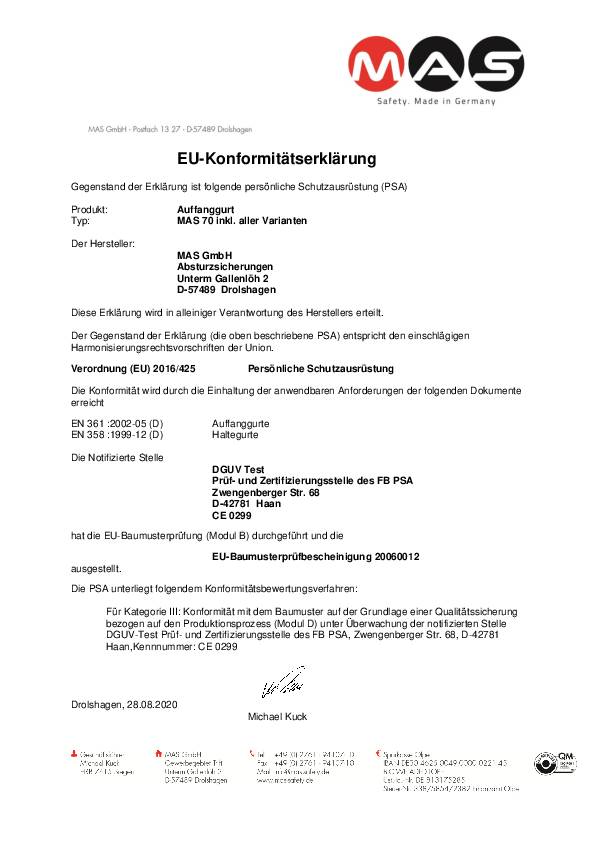 Auffanggurt MAS 70 Quick Comfort p.EN 361+358 f.Gr.48-56 MAS