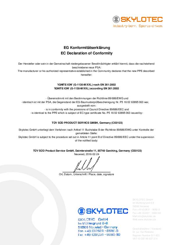 Auffanggurt Ignite Ion EN361:2002 schwarz/orange/anthrazit f.Gr.M/XXL Skylotec