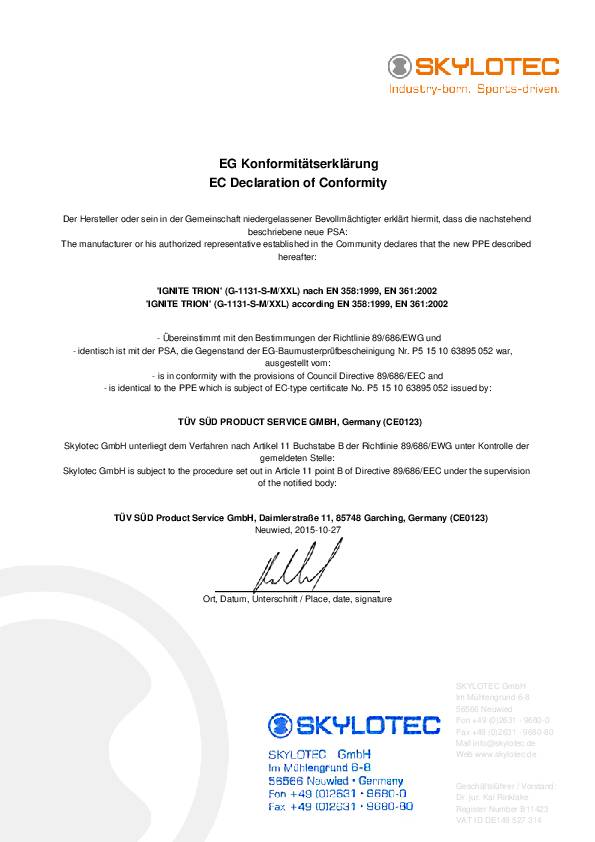 Auffanggurt Ignite Trion EN361:2002 schwarz/orange/anthrazit f.Gr.M/XXL Skylotec