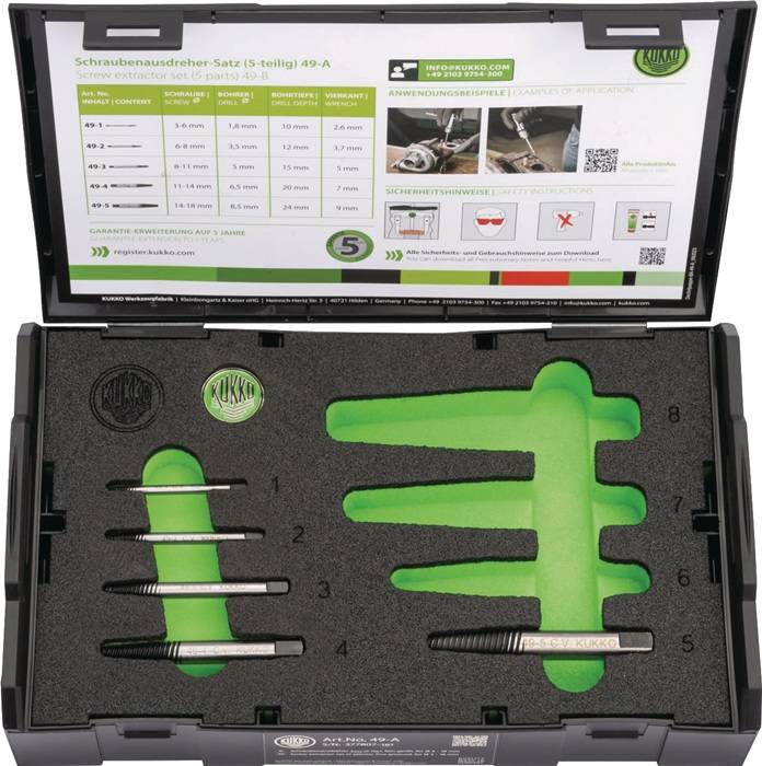 Schraubenausdrehersatz 49-A M3-M18 5-tlg.Nenn-Gr.1,2,3,4,5 KUKKO