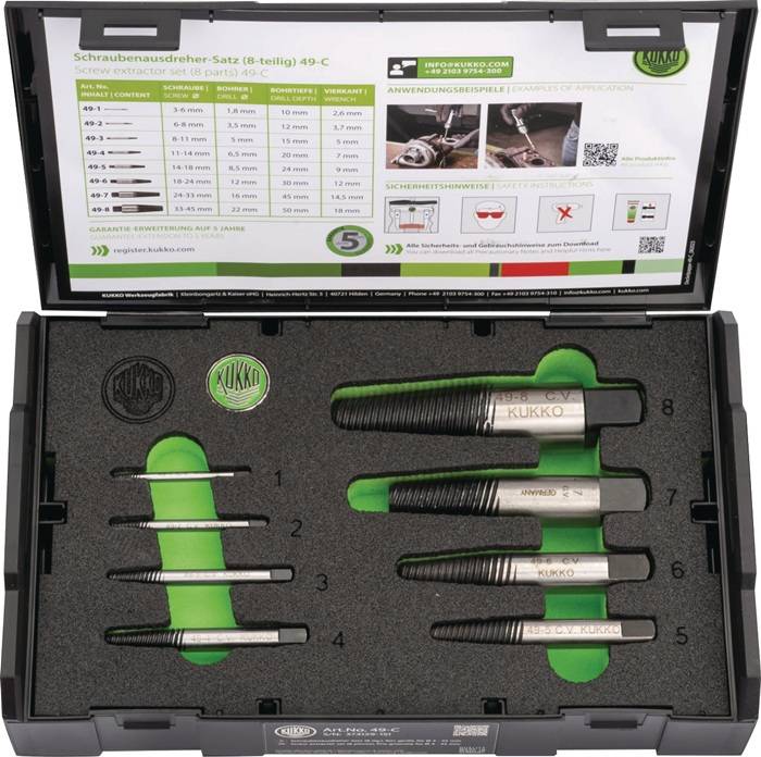 Schraubenausdrehersatz 49-C M3-M45 8-tlg.Nenn-Gr.1,2,3,4,5,6,7,8 KUKKO