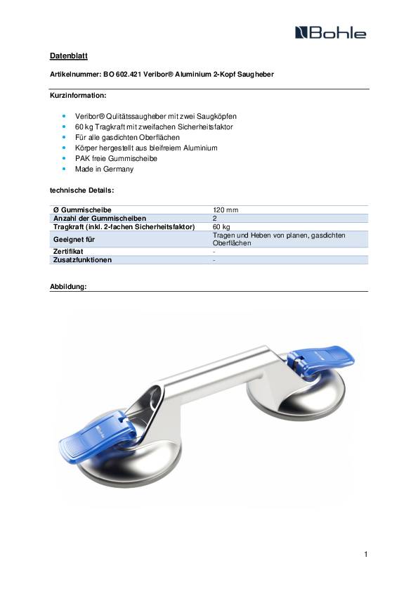 Saugheber Trgf.60kg Kopf-D.120mm 2 Köpfe Alu.VERIBOR