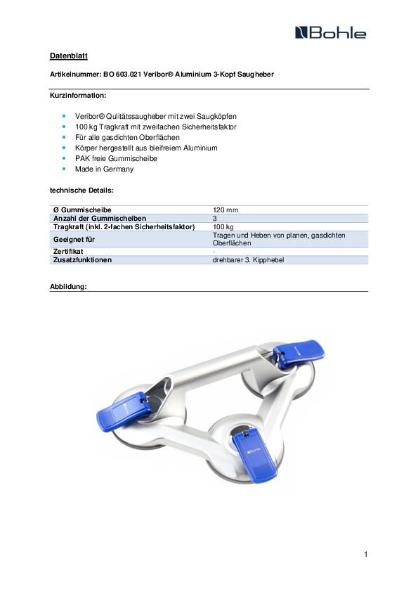 Saugheber Trgf.100kg Kopf-D.120mm 3 Köpfe Alu.VERIBOR