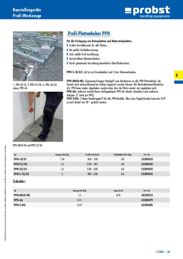 Plattenheber PPH Greifber.330-620mm Trgf.60kg Eigeng.1,6 kg,ZN PROBST