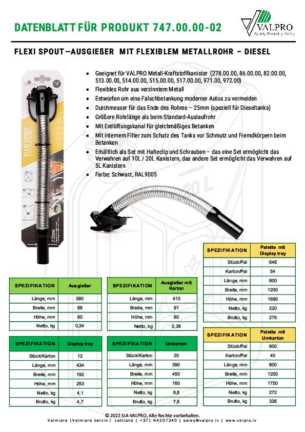 Ausgießstutzen f.Diesel L.380mm B.68mm schwarz H.60mm 340g VALPRO