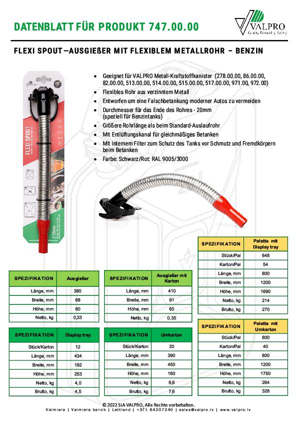 Ausgießstutzen f.Benzin L.380mm B.68mm rot-schwarz H.60mm 330g VALPRO