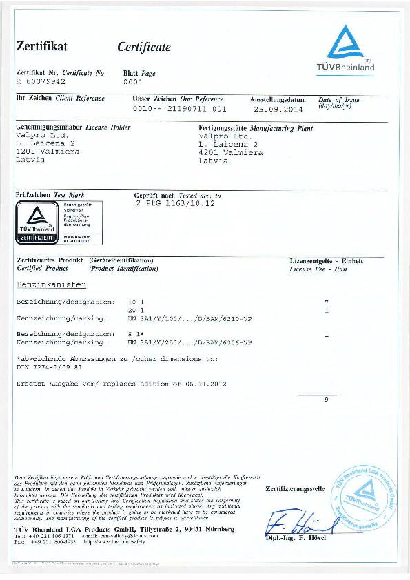Kraftstoffkanister 20l Olivgrün RAL 6003 Stahlbl.0,9mm L345xB165xH470mm VALPRO