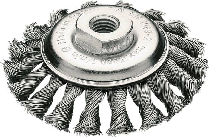 Zopfkegekbürste D.115mm Gew.Drahtstärke 0,5mm STA 12mm 15000min-¹ LESSMANN