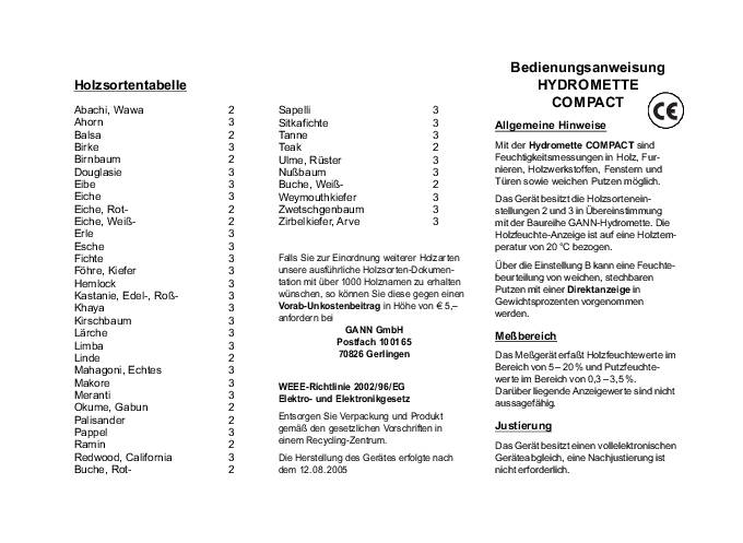 Holz-/Putzfeuchtemesser Hydromette Compact HF 5-20%/PF 0,3-3,5% GANN
