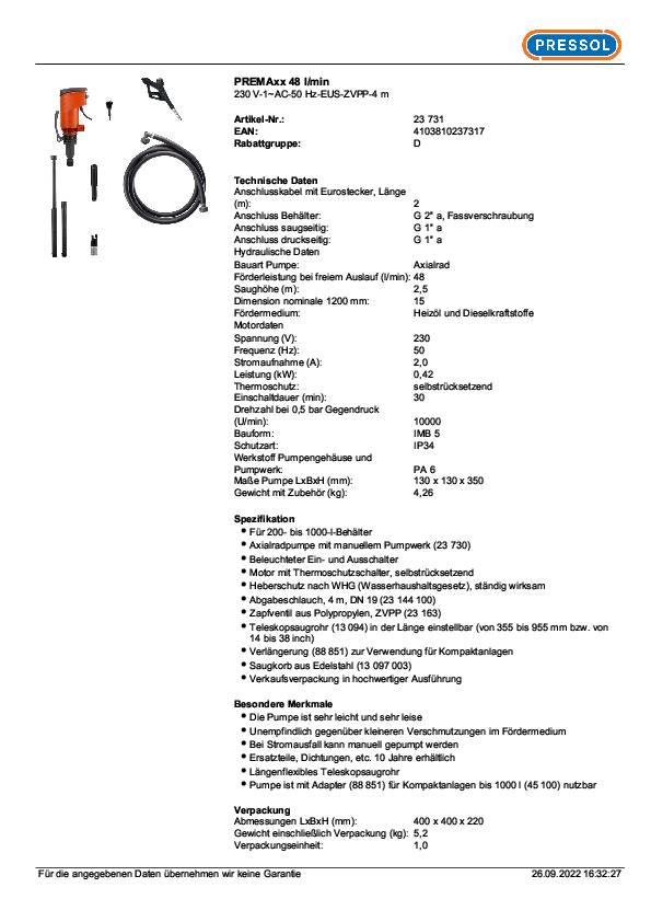 Elektropumpe PREMAxx Ständer 48l/min 230 V PRESSOL
