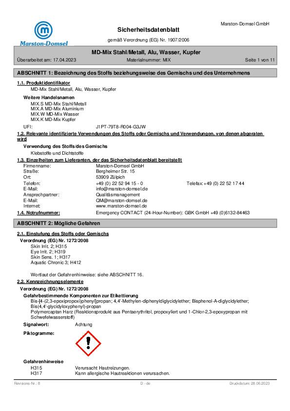 Reparaturkitt MD MIX METALL grau-schwarz 56g Stick MARSTON 10 Stück