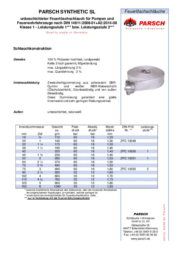 Feuerlöschschlauch Synthetic SL ID 52mm L.20m weiß Rl.PARSCH