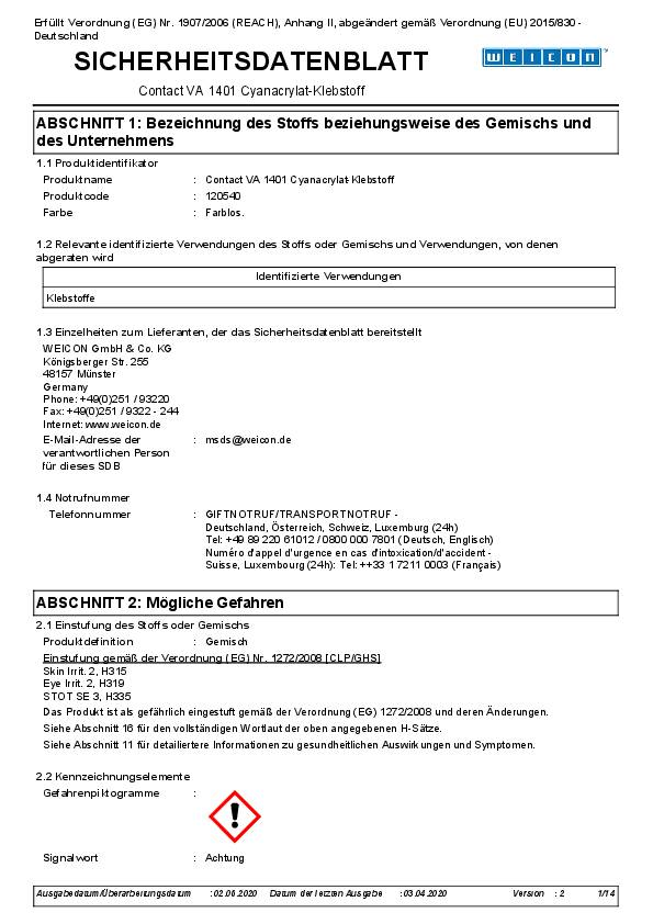 Cyanacrylatklebstoff VA 1401 30g farblos,klare Flüssigkeit Pen-System WEICON 20 Stück