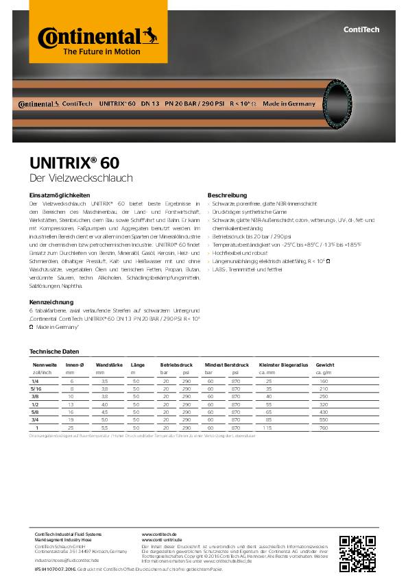 Vielzweckschlauch UNITRIX® 60 ID 10mm Wand Stück3,75mm L.50m Rl.CONTINENTAL