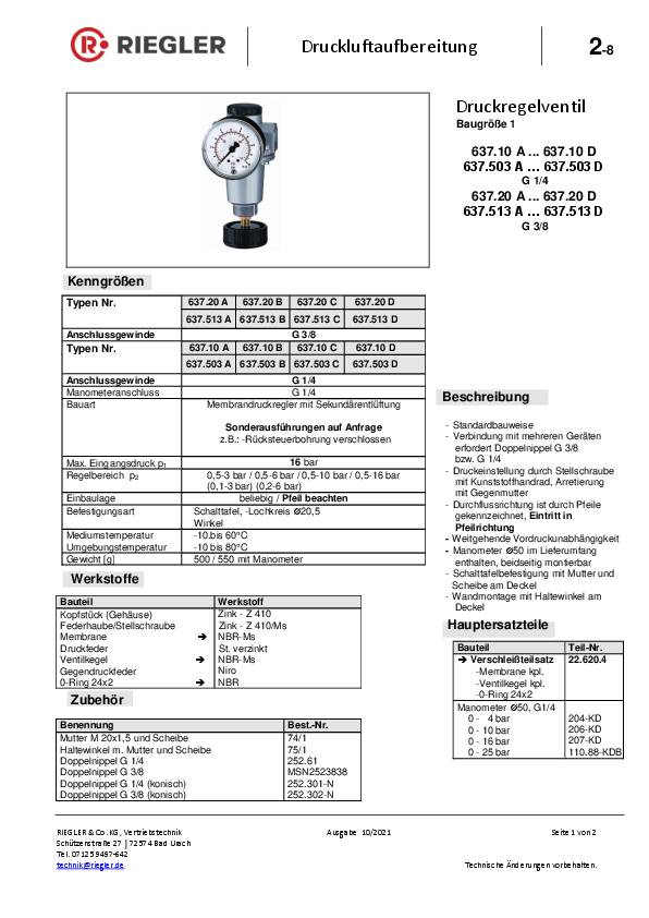 Druckregler Stand.Gew.mm 11,89 BG I G 1/4 Zoll 0,5-10bar 1000l/min RIEGLER