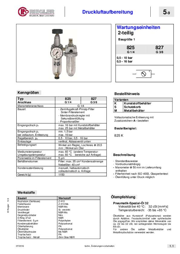 Wartungseinheit Stand.Gew.G 1/4 Zoll HA BG I 2-tlg.600l/min B.117mm RIEGLER