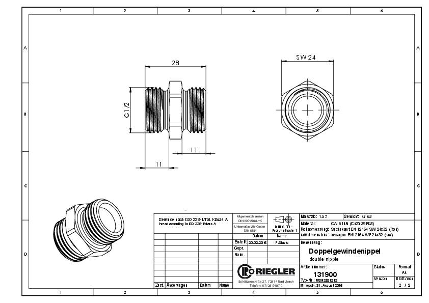 Doppelgewindenippel MS vern.AG 1/2/1/2 Zoll SW 25mm RIEGLER