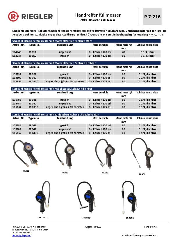 Handreifenfüllmesser Standardausf.m.Momentstecker,geeicht DN 7,2 RIEGLER