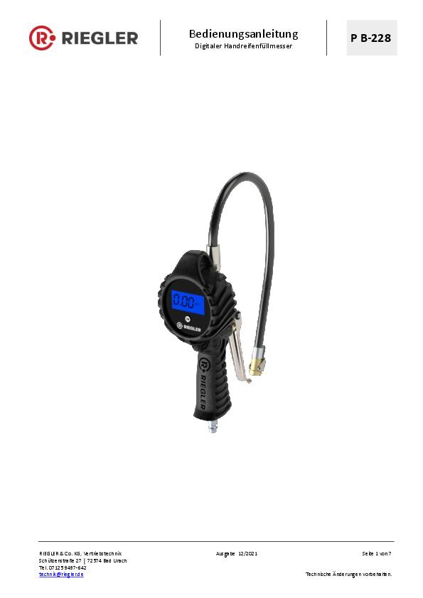 Handreifenfüllmesser ungeeicht,m.Momentstecker DN 7,2 RIEGLER