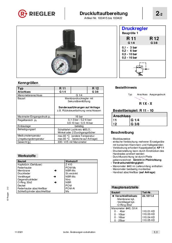 Druckregler MULTIFIX Gew.mm 11,89 BG I G 1/4 Zoll 0,5-10bar 1500l/min RIEGLER