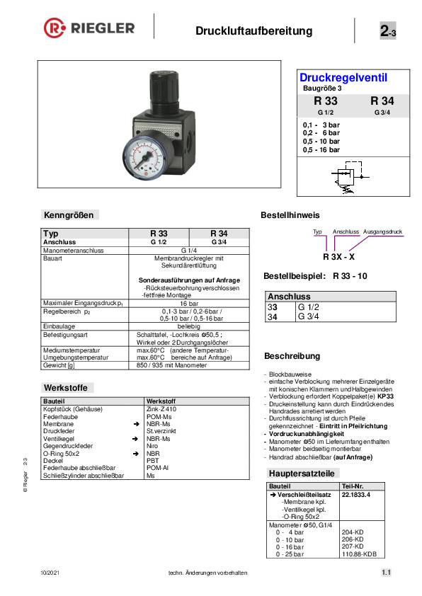 Druckregler MULTIFIX Gew.mm 19,17 BG III G 1/2 Zoll 0,5-10bar 6000l/min RIEGLER