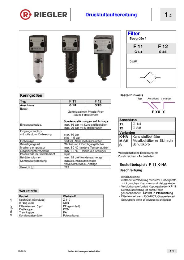 Filter MULTIFIX Gew.mm 11,89 G 1/4 Zoll BG I 2100l/min RIEGLER