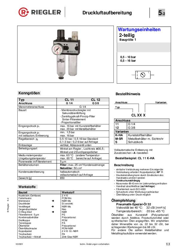 Wartungseinheit MULTIFIX Gew.G 3/8 Zoll HA BG I 2-tlg.1100l/min B.92,8mm