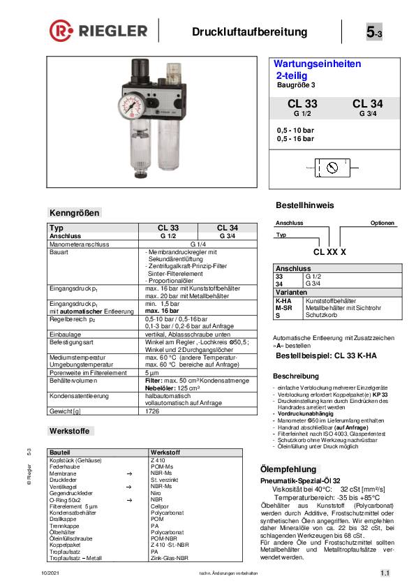 Wartungseinheit MULTIFIX Gew.G 1/2 Zoll HA BG III 2-tlg.3500l/min B.134,8mm