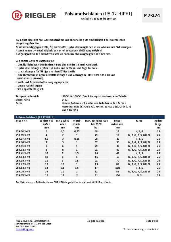 Druckluftschlauch PA 12 HIPHL ID 4mm AD 6mm L.25m blau Rl.a 25m RIEGLER