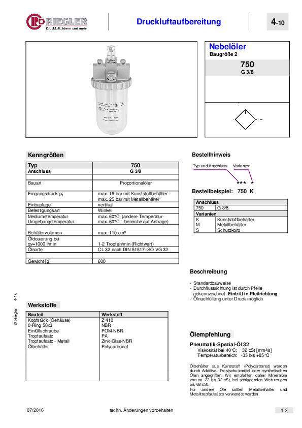 Nebelöler Stand.Gew.mm 15,39 3/8 Zoll Durchfluss 2400l/min RIEGLER