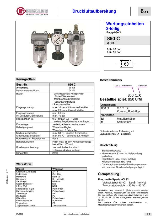 Wartungseinheit Stand.Gew.1/2 Zoll HA BG III 3-tlg.3200l/min B.259mm RIEGLER