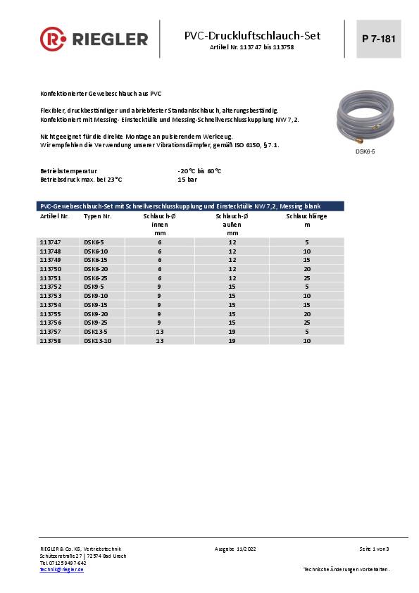PVC-Druckluftschlauchset ID 6mm AD 12mm L.10m Schnellverschlusskupplung DN 7,2