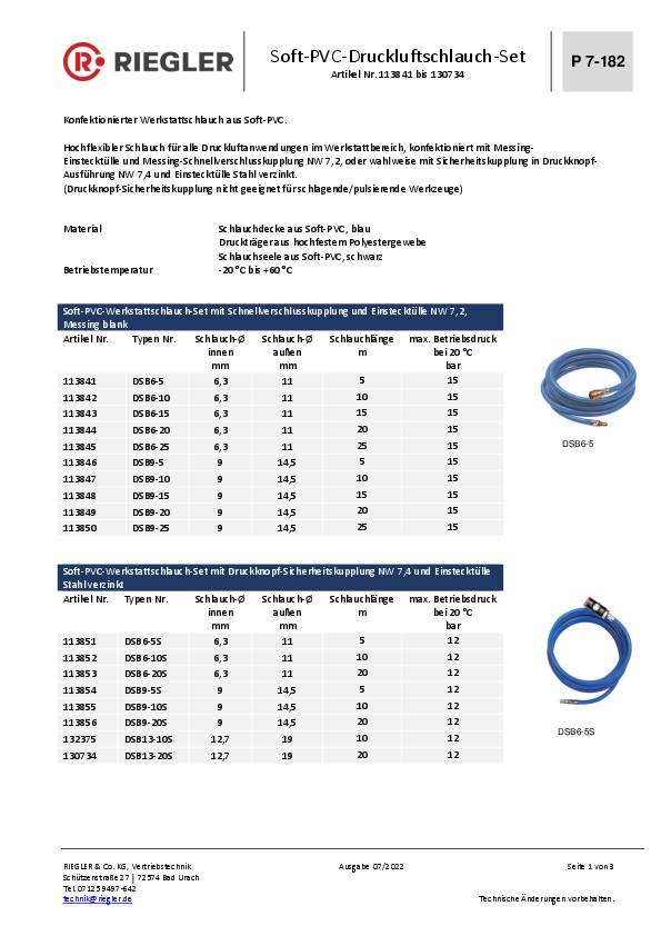 Soft-PVC-Druckluftschlauchset ID 6,3mm AD 11mm L.10m Schnellverschlusskl. DN 7,2