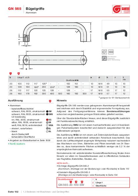 Bügelgriff GN 565 l 120 ± 0,25mm t min.10mm h 49mm GANTER