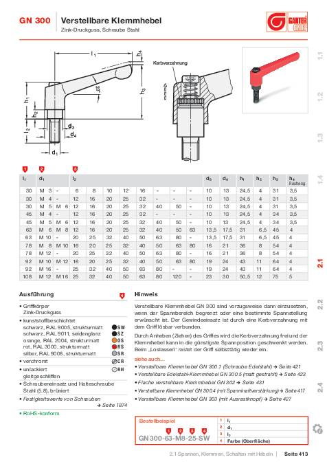 Verstellbarer Klemmhebel GN 300 d1 M 10mm l1 78mm l2 32mm AG GANTER