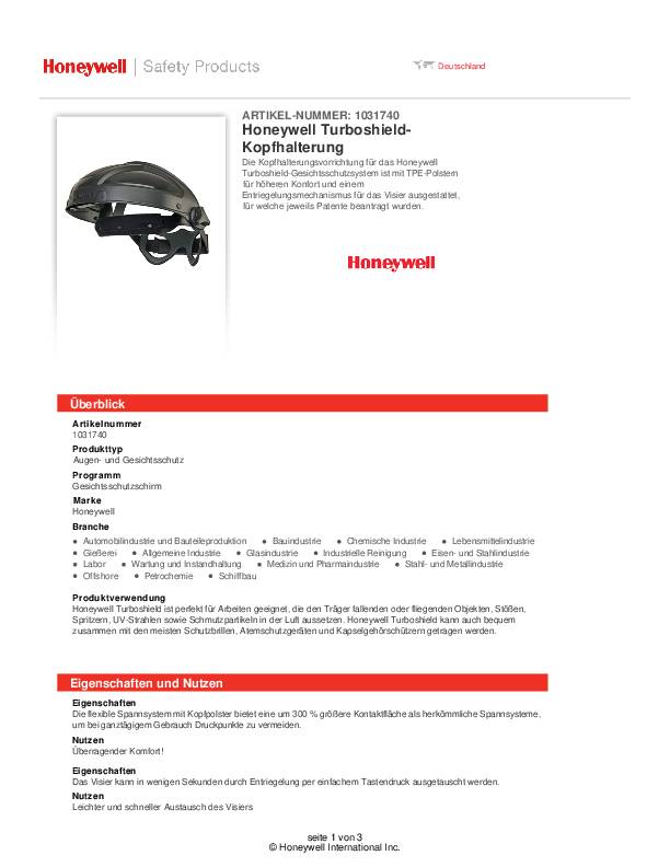 Kopfhalterung Turboshield m.Ratsche schwarz HONEYWELL