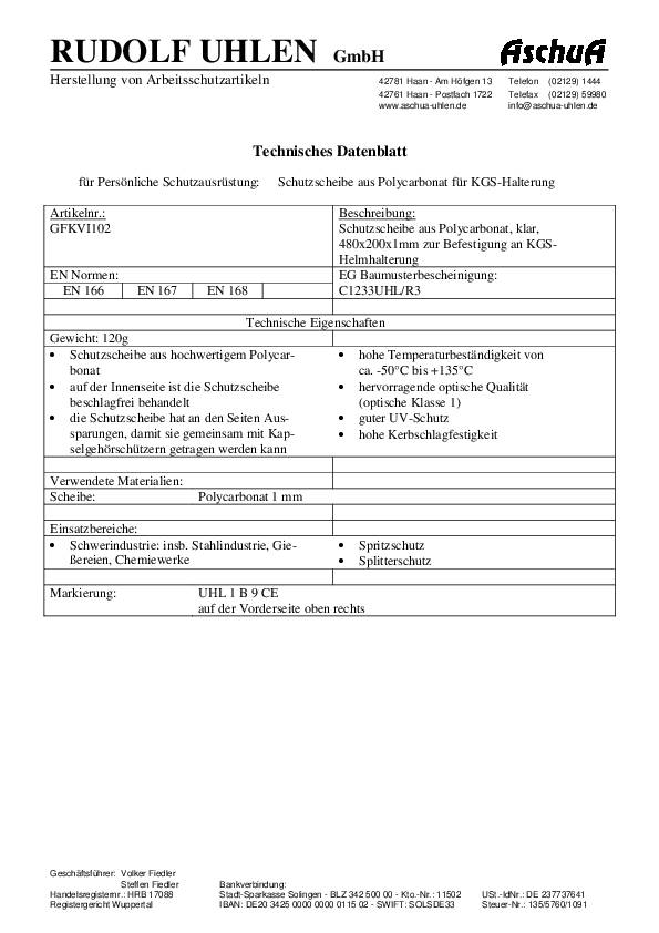 Schutzscheibe klarPC UHLEN