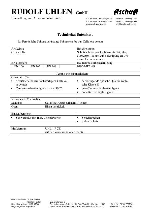 Schutzscheibe klar Cellulose AC EN 166 EN 167 EN 168 UHLEN