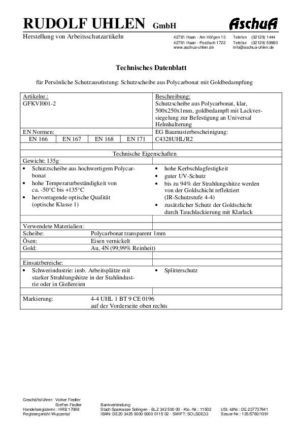Schutzscheibe klar,goldbedampft PC EN 166 EN 167 EN 168 EN 171 UHLEN